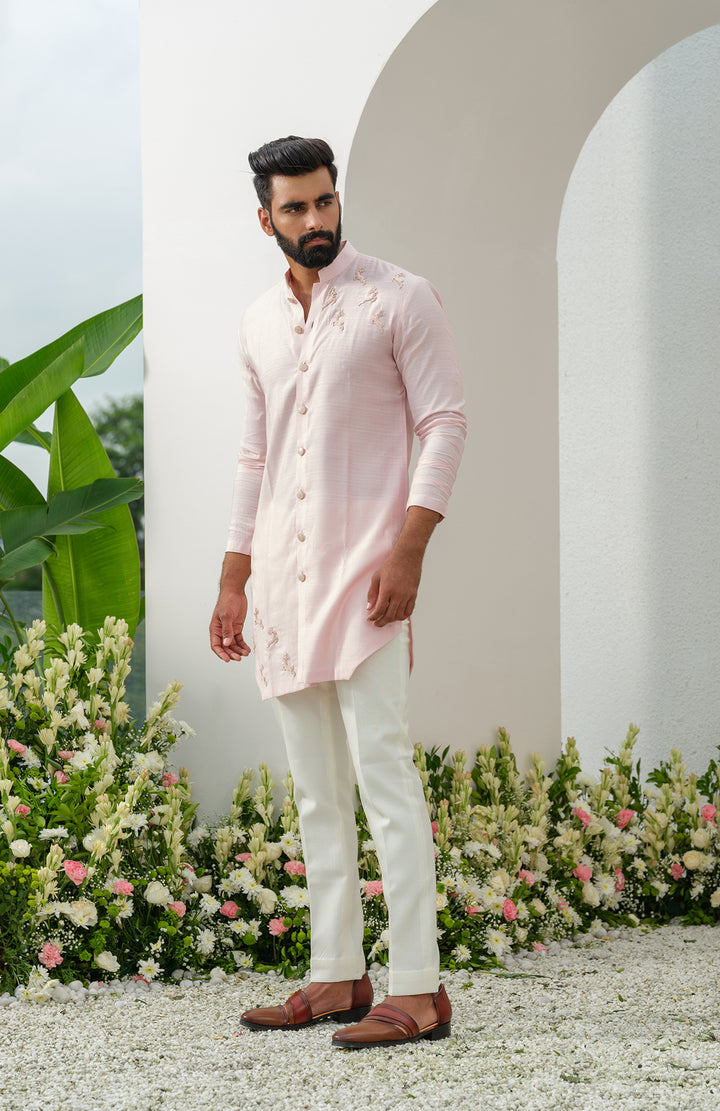 pink cotton short front open kurta set