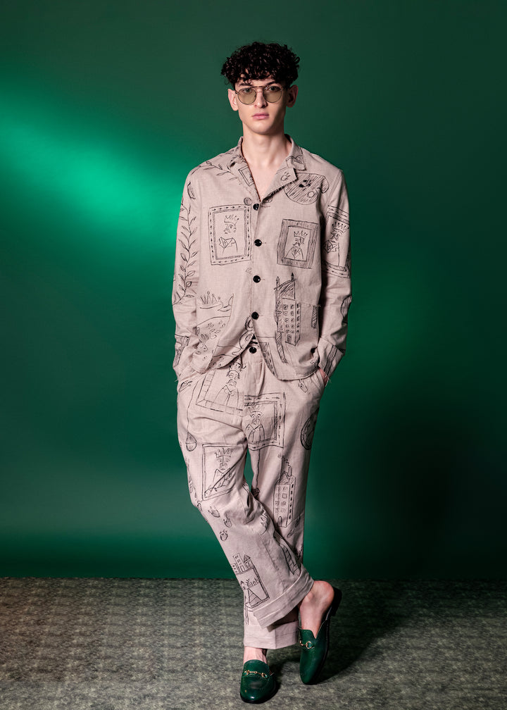 Beige Hand Painted Jacket In Tanzanian Linen