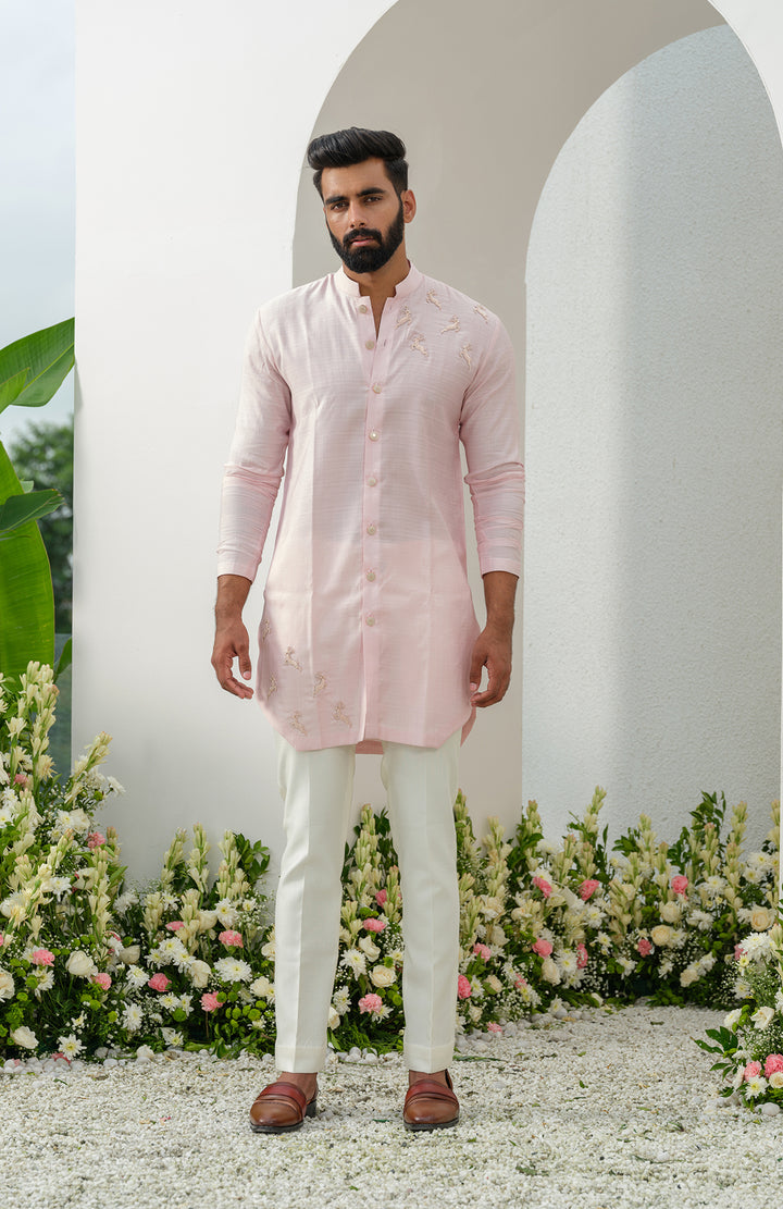 pink cotton short front open kurta set