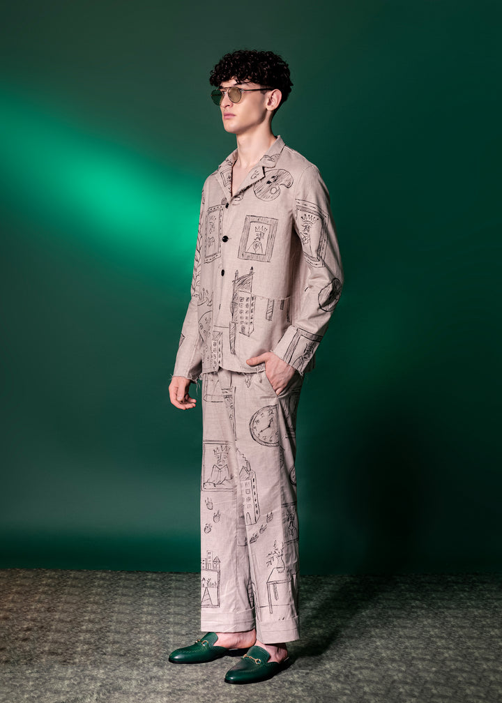 Beige Hand Painted Jacket In Tanzanian Linen