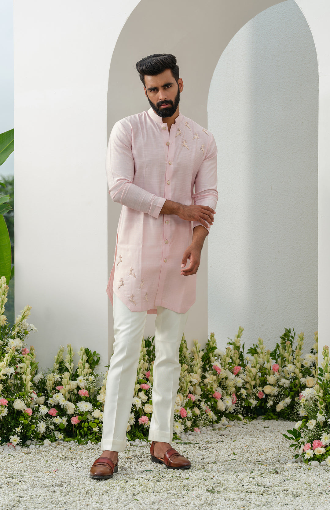 pink cotton short front open kurta set