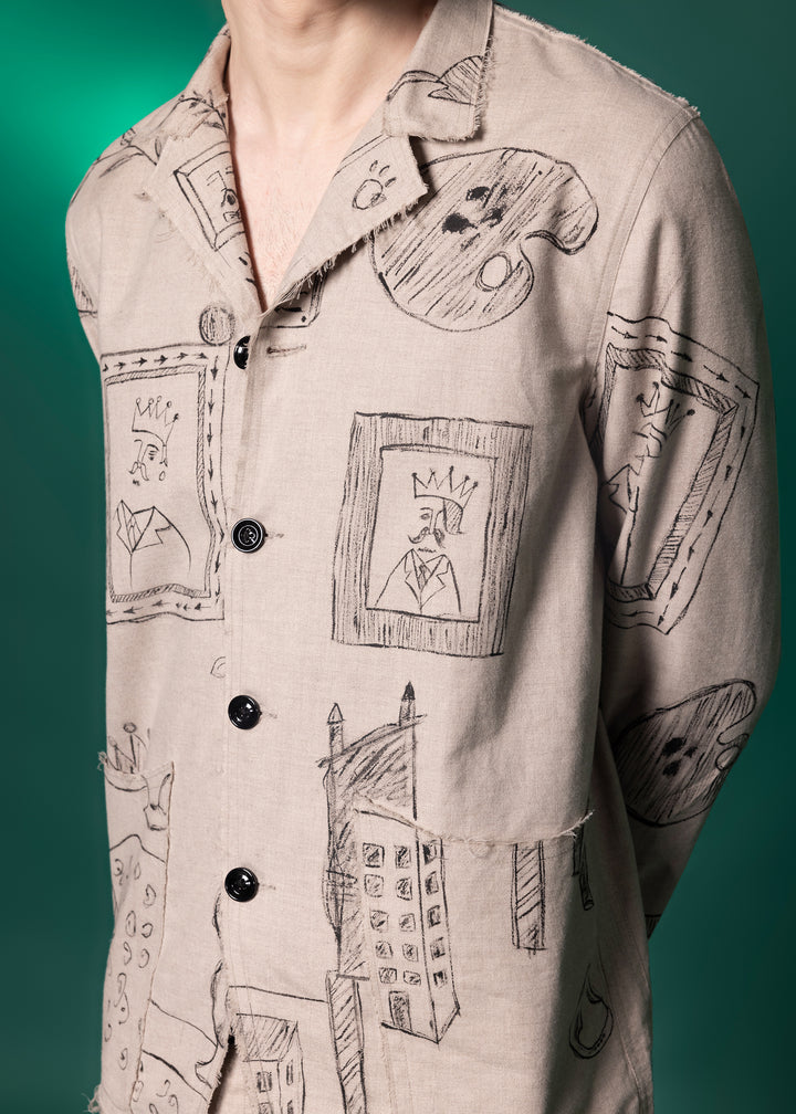 Beige Hand Painted Jacket In Tanzanian Linen