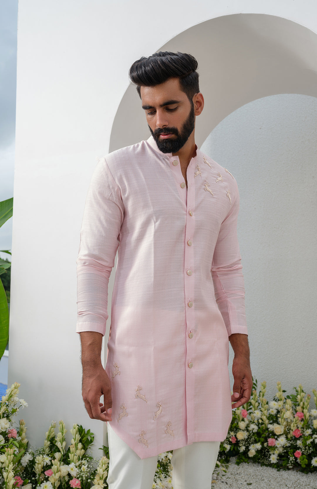 pink cotton short front open kurta set