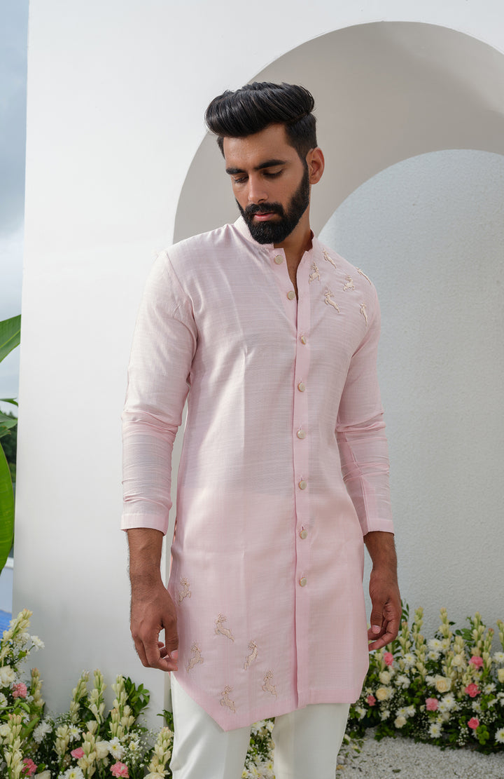 pink cotton short front open kurta set