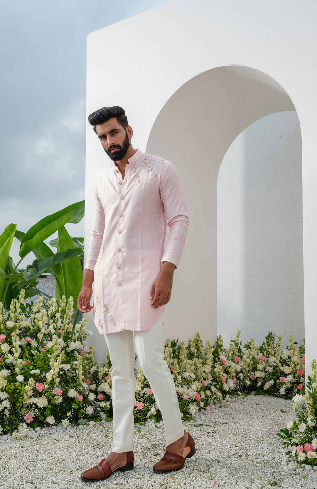 pink cotton short front open kurta set