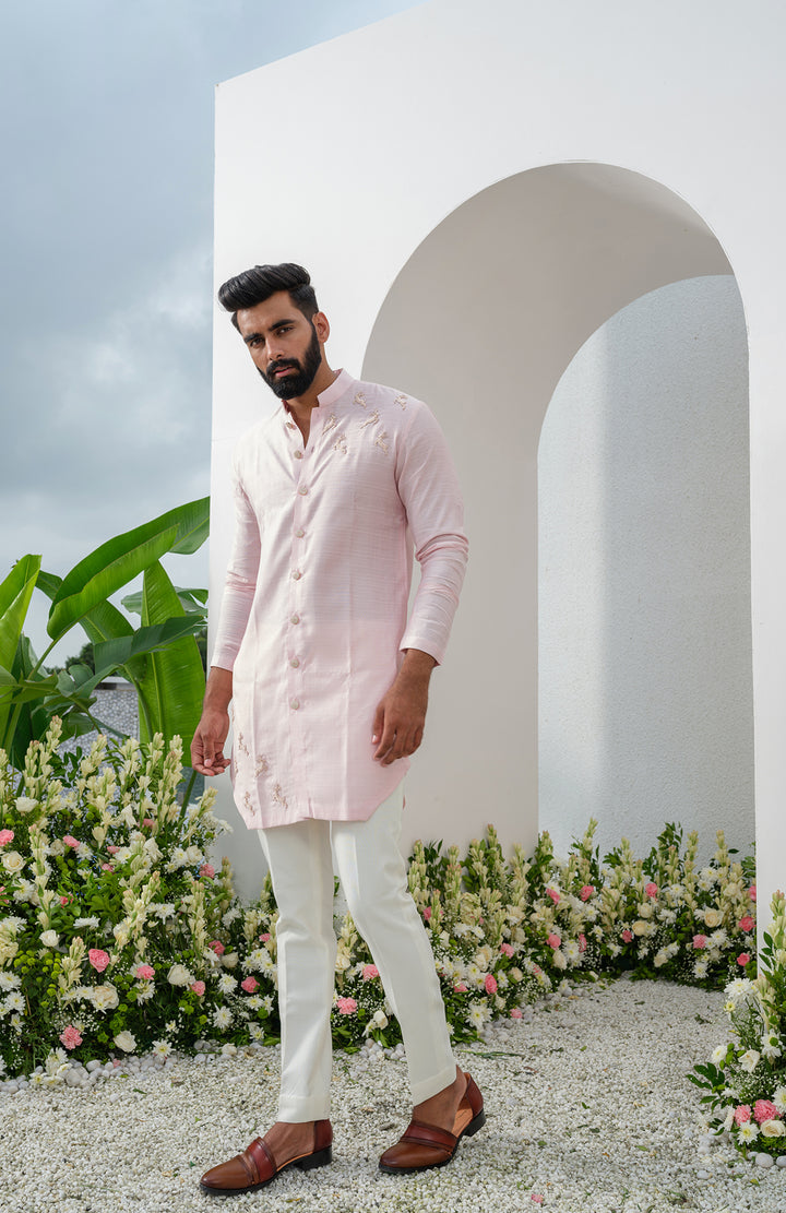 pink cotton short front open kurta set