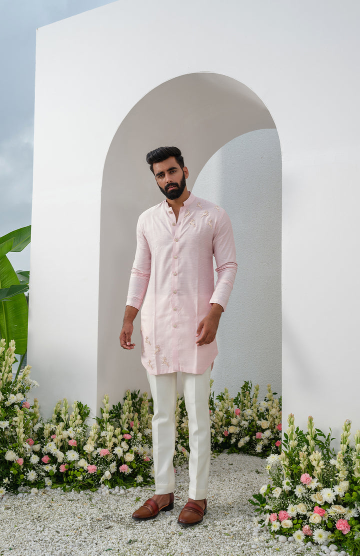 pink cotton short front open kurta set