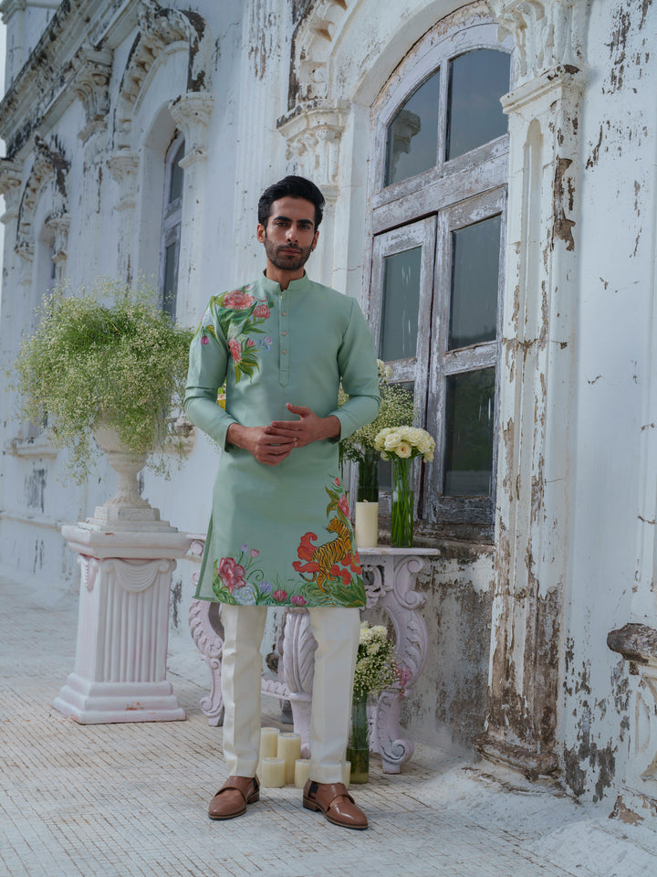 Green Hand Painted Kurta Set