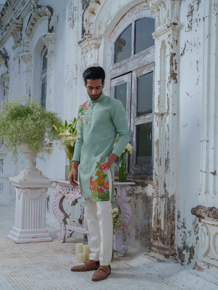 Green Hand Painted Kurta Set