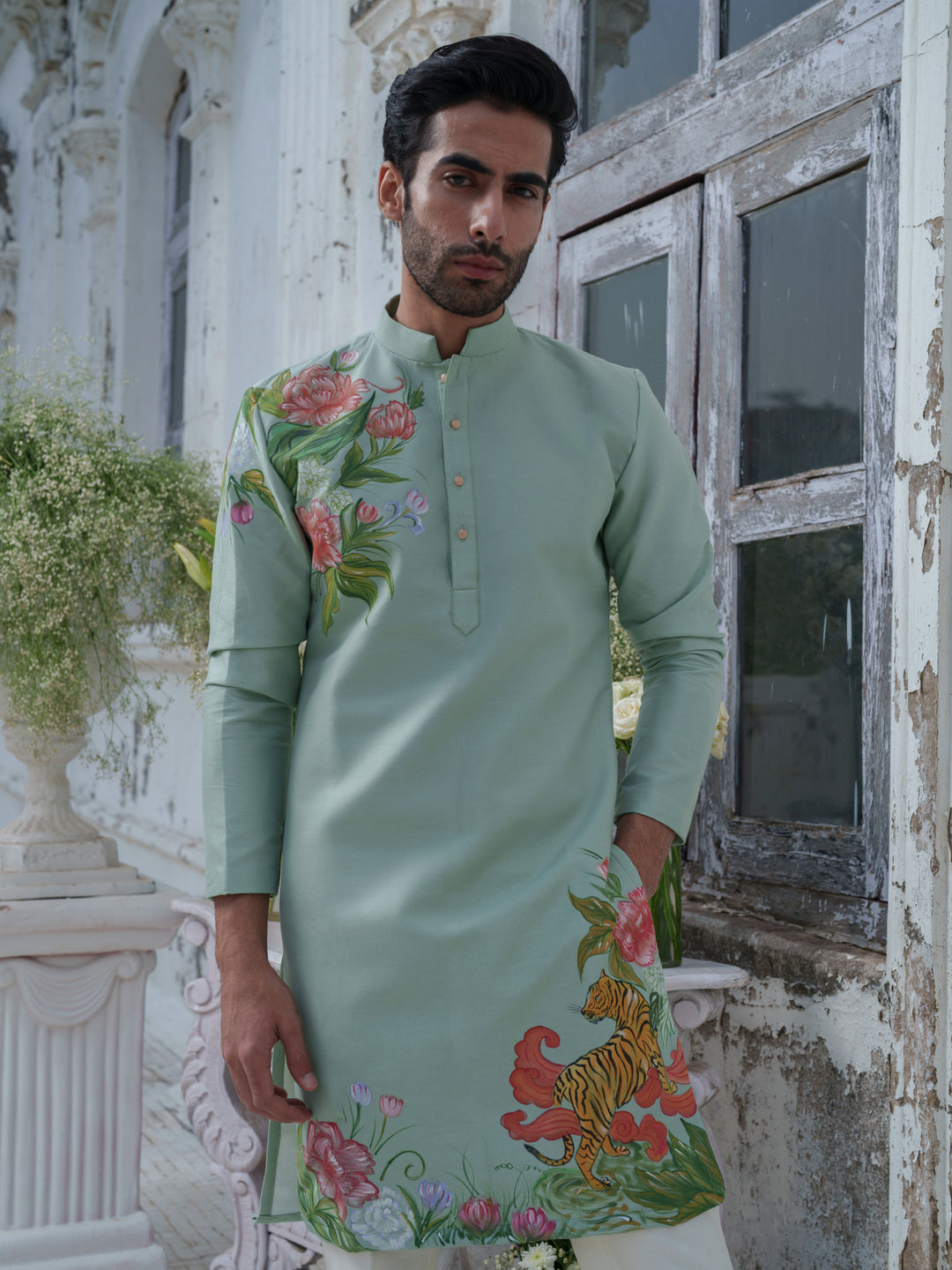Green Hand Painted Kurta Set