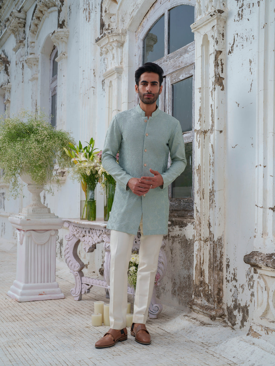 Green Self Textured Kurta Set