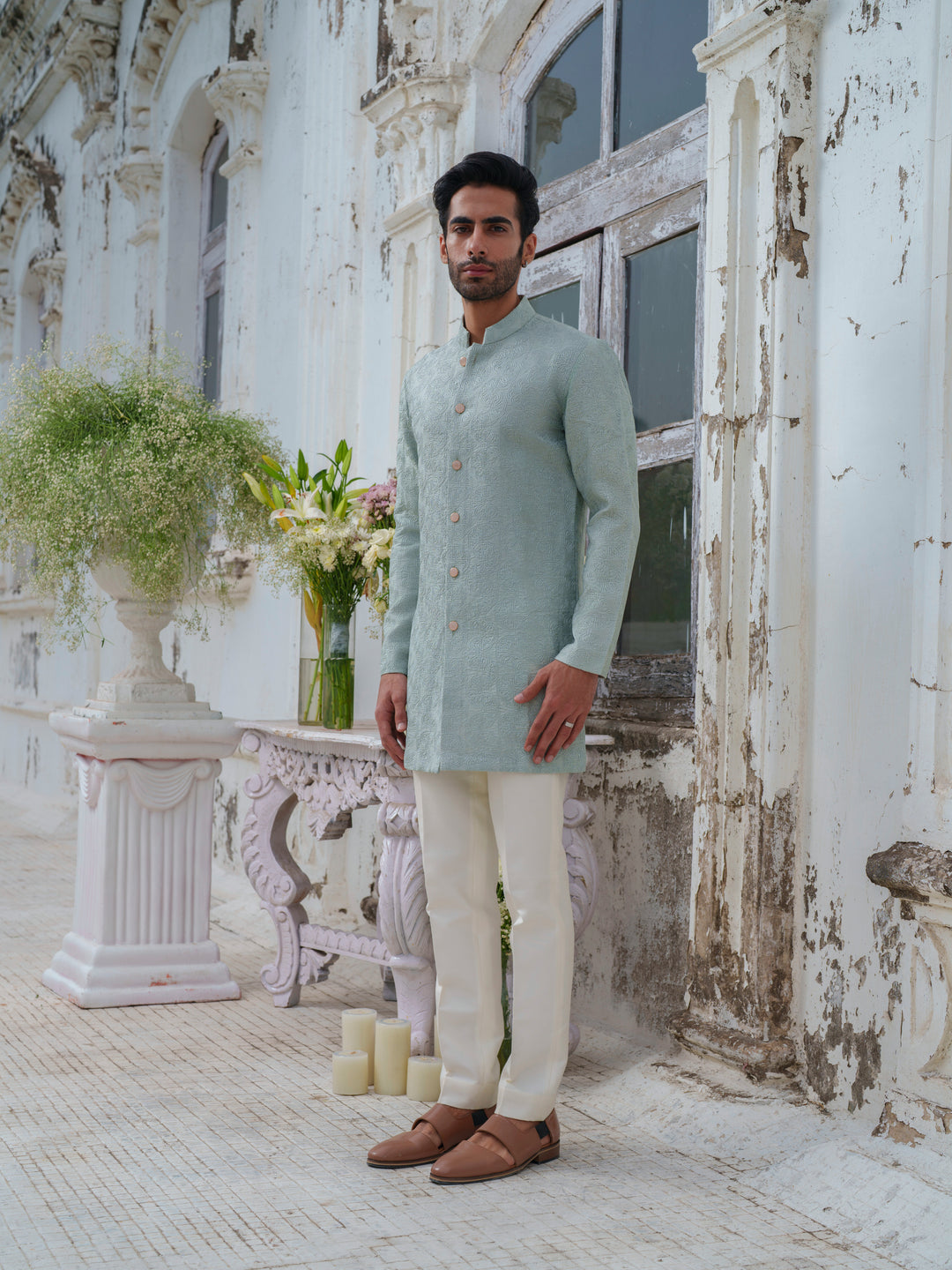 Green Self Textured Kurta Set
