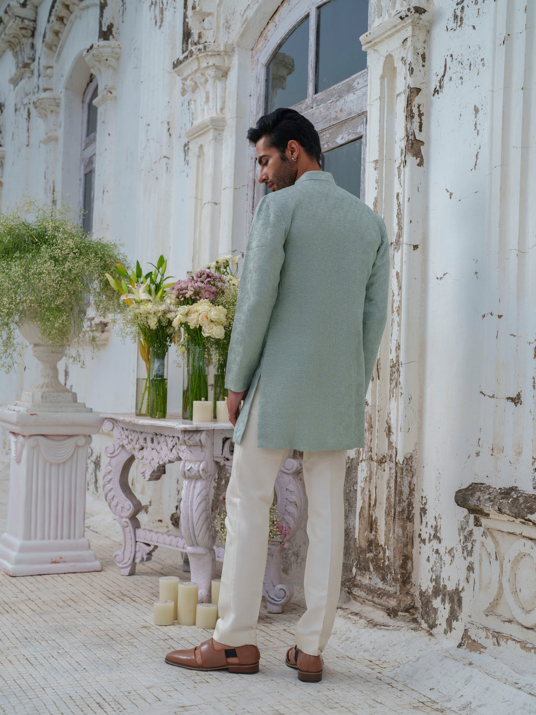 Green Self Textured Kurta Set