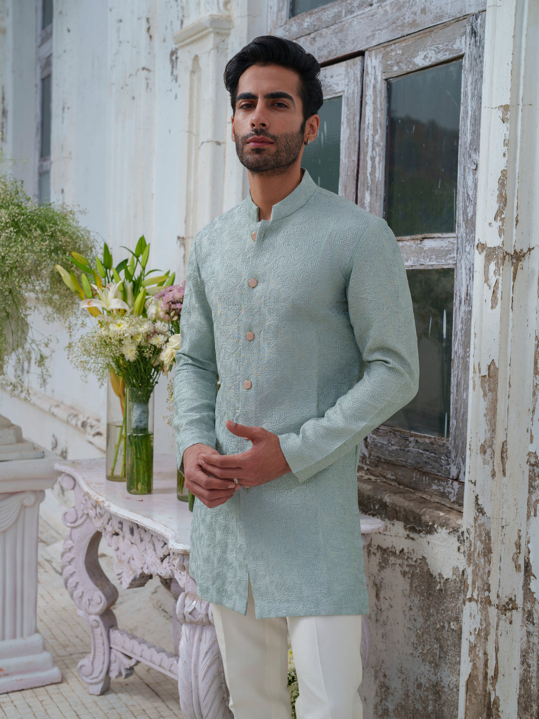 Green Self Textured Kurta Set