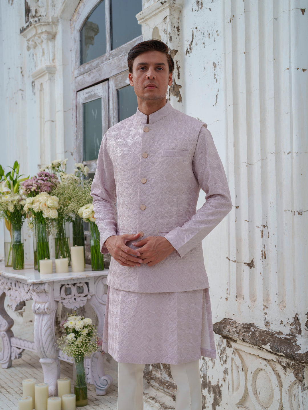 Mauve Self Textured Bundi Jacket Set