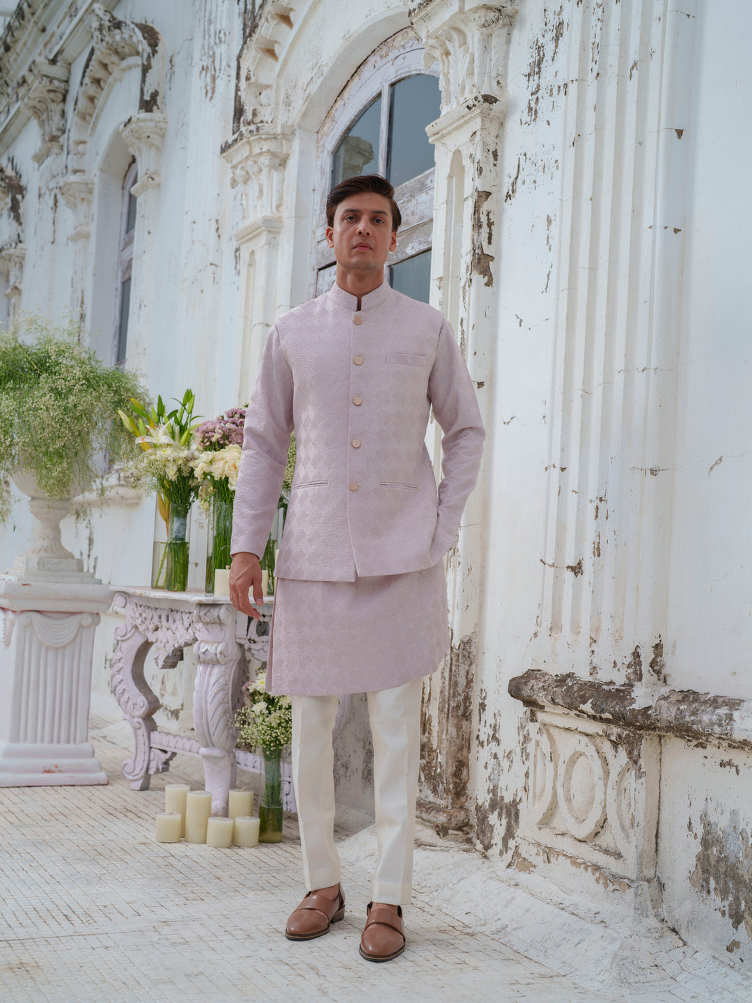 Mauve Self Textured Bundi Jacket Set