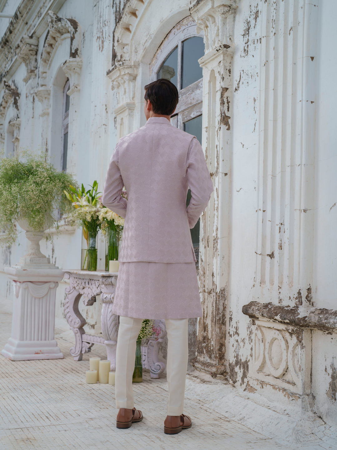 Mauve Self Textured Bundi Jacket Set