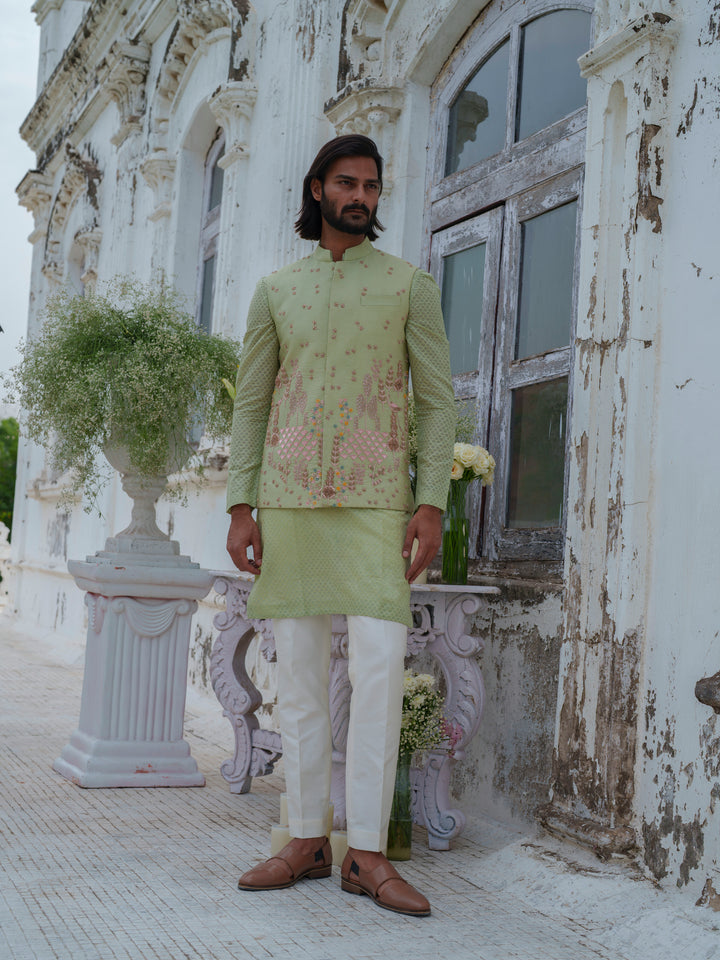 Green Hand Embroidered Bundi Jacket Set