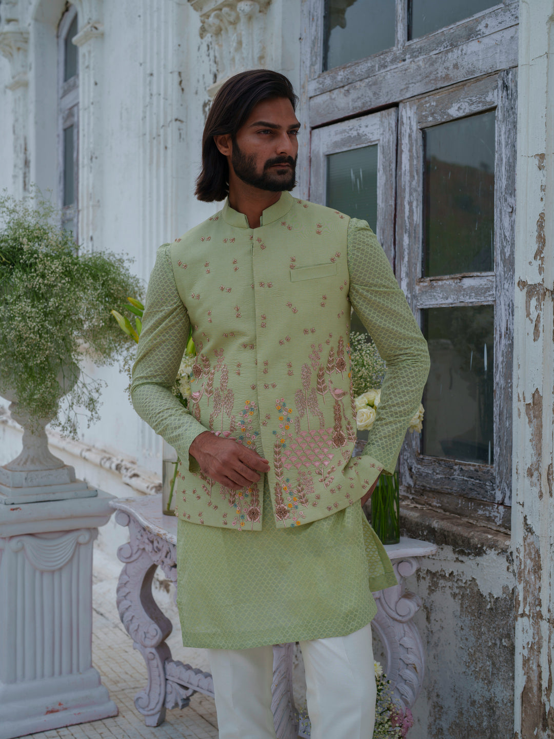 Green Hand Embroidered Bundi Jacket Set