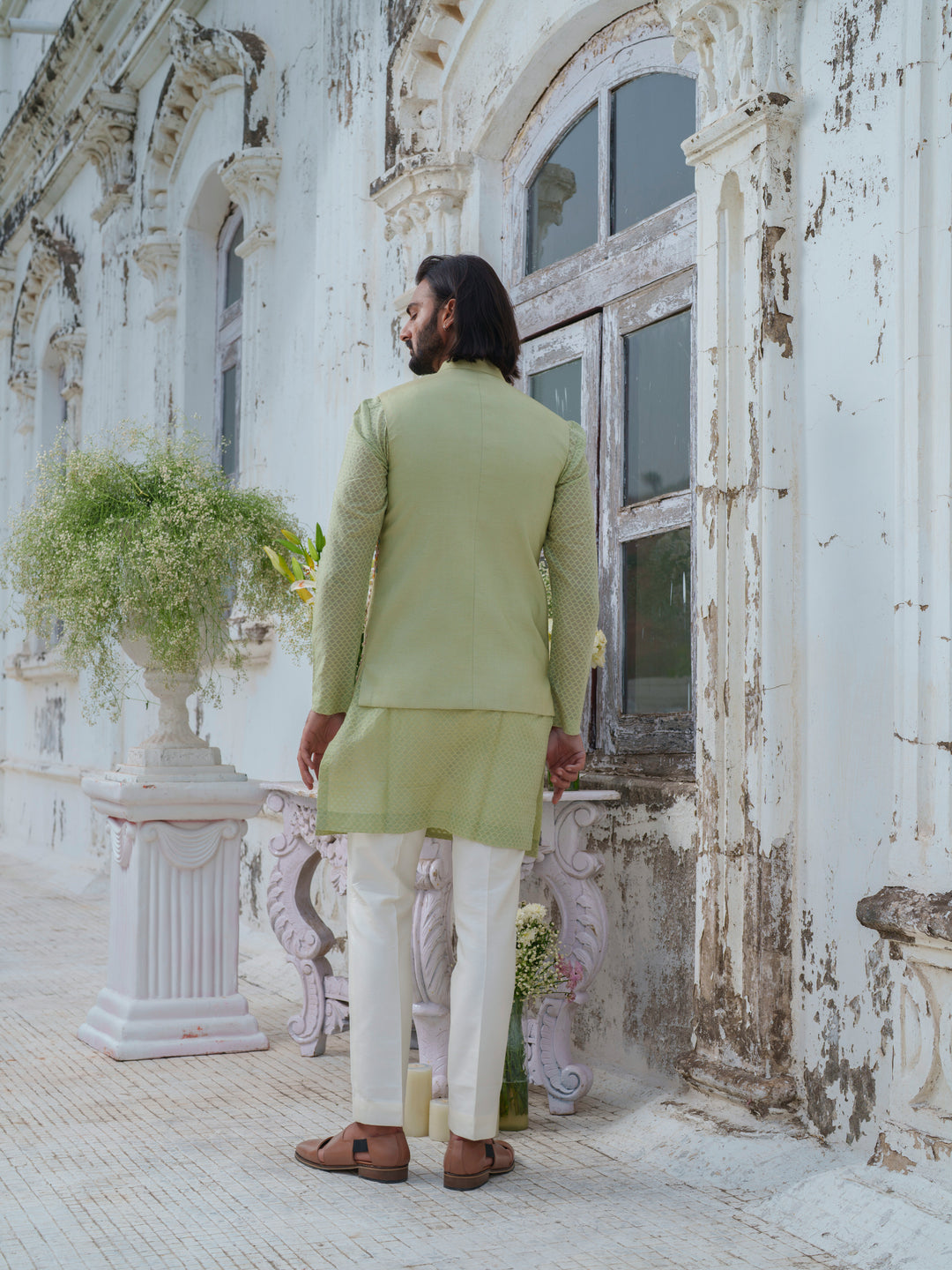 Green Hand Embroidered Bundi Jacket Set