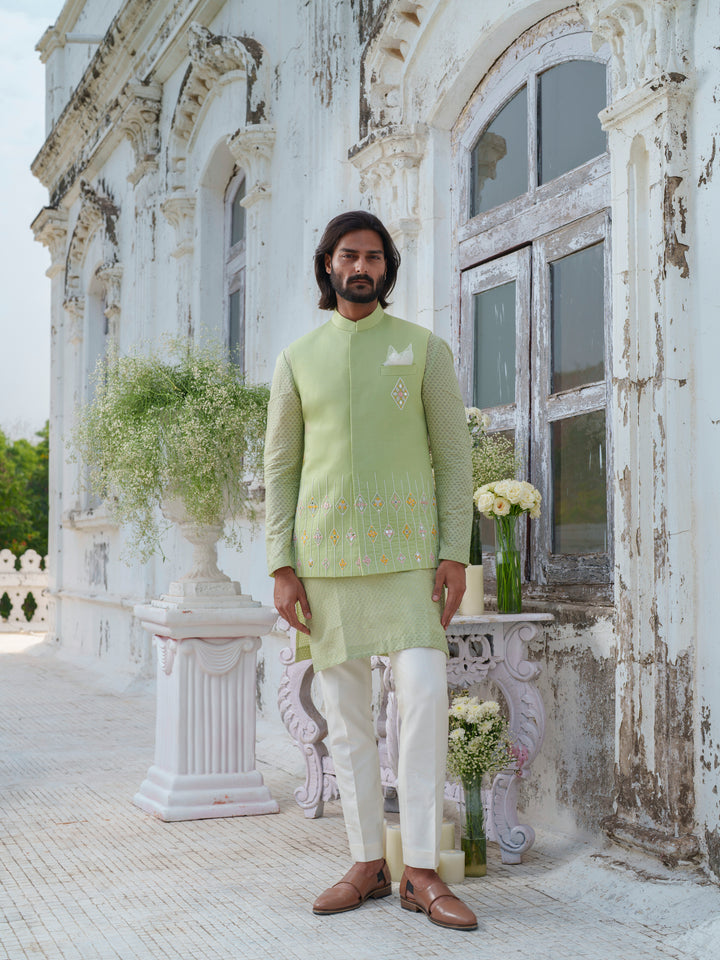 Green Hand Embroidered Bundi Jacket Set