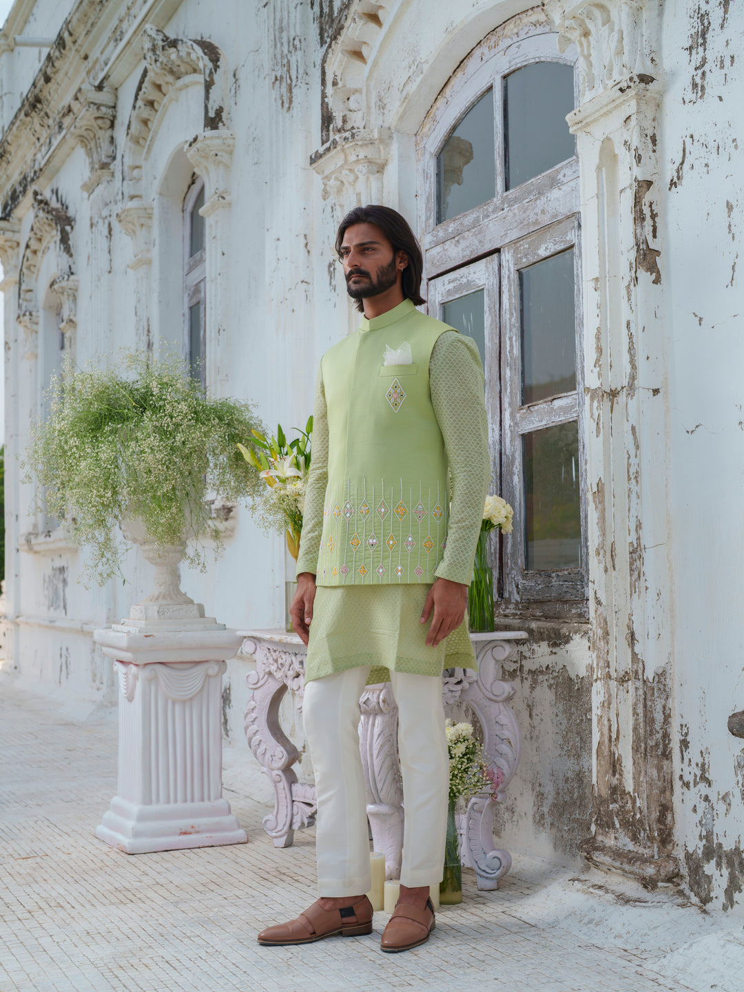 Green Hand Embroidered Bundi Jacket Set