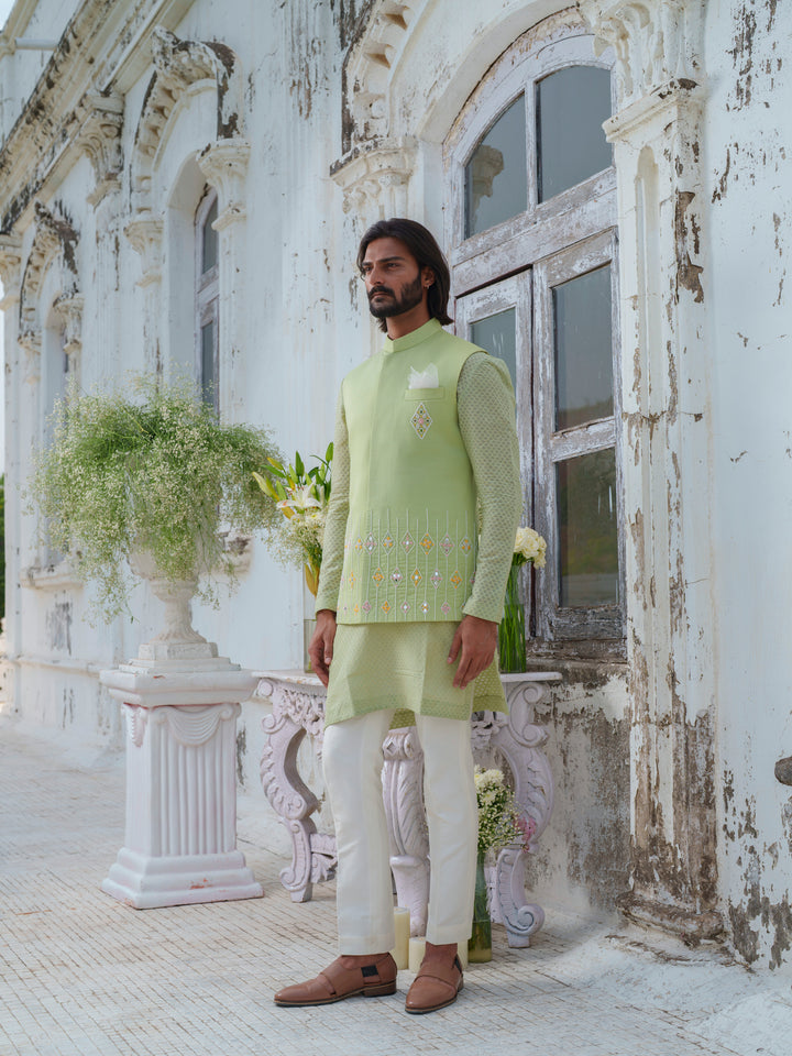 Green Hand Embroidered Bundi Jacket Set