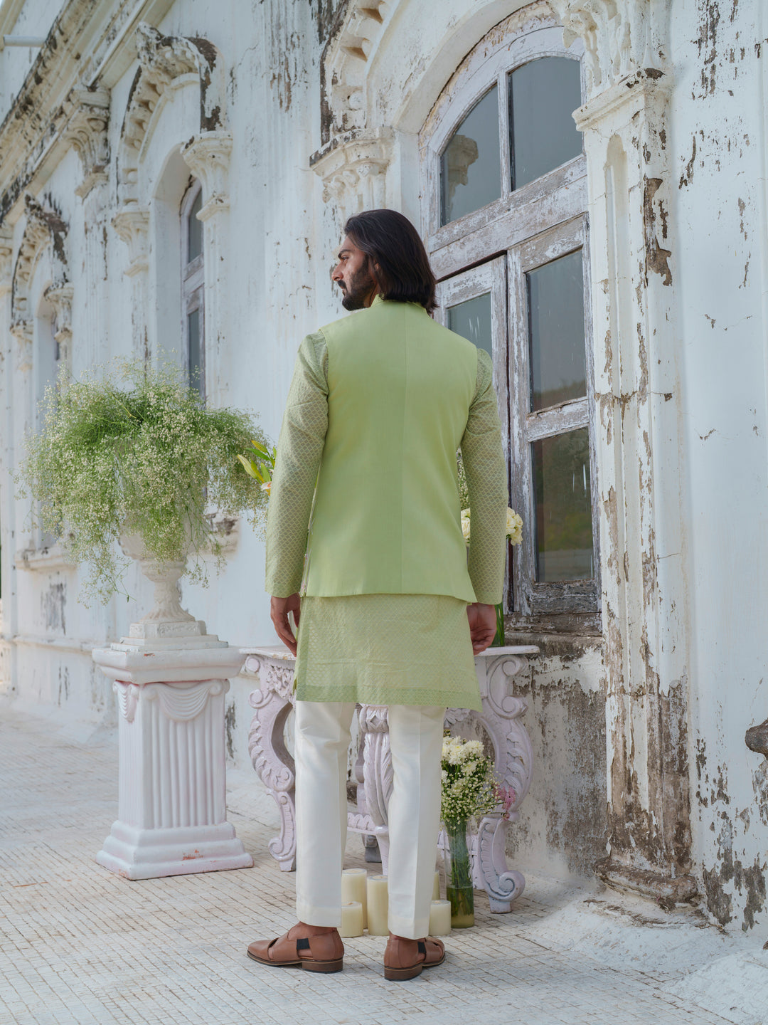 Green Hand Embroidered Bundi Jacket Set