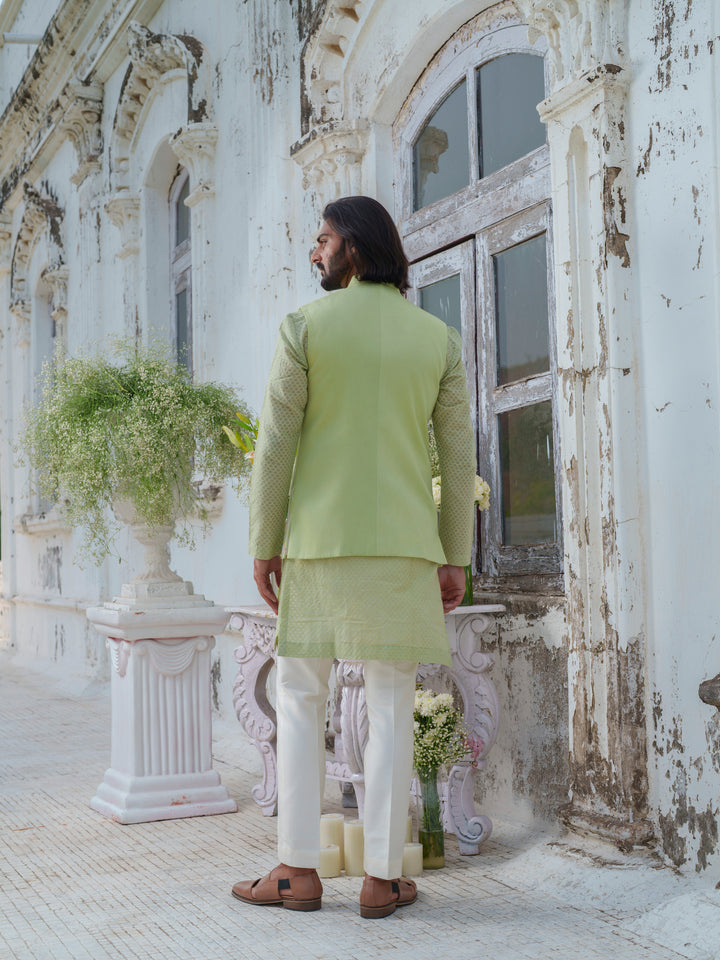 Green Hand Embroidered Bundi Jacket Set