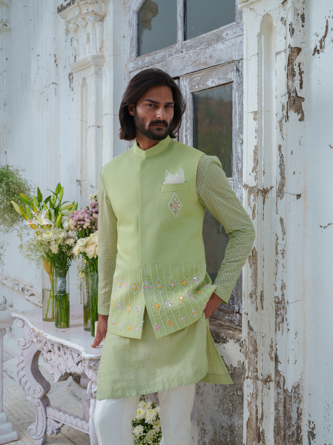 Green Hand Embroidered Bundi Jacket Set