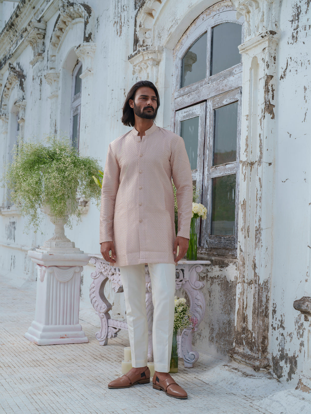 Pink Self Textured Kurta Set