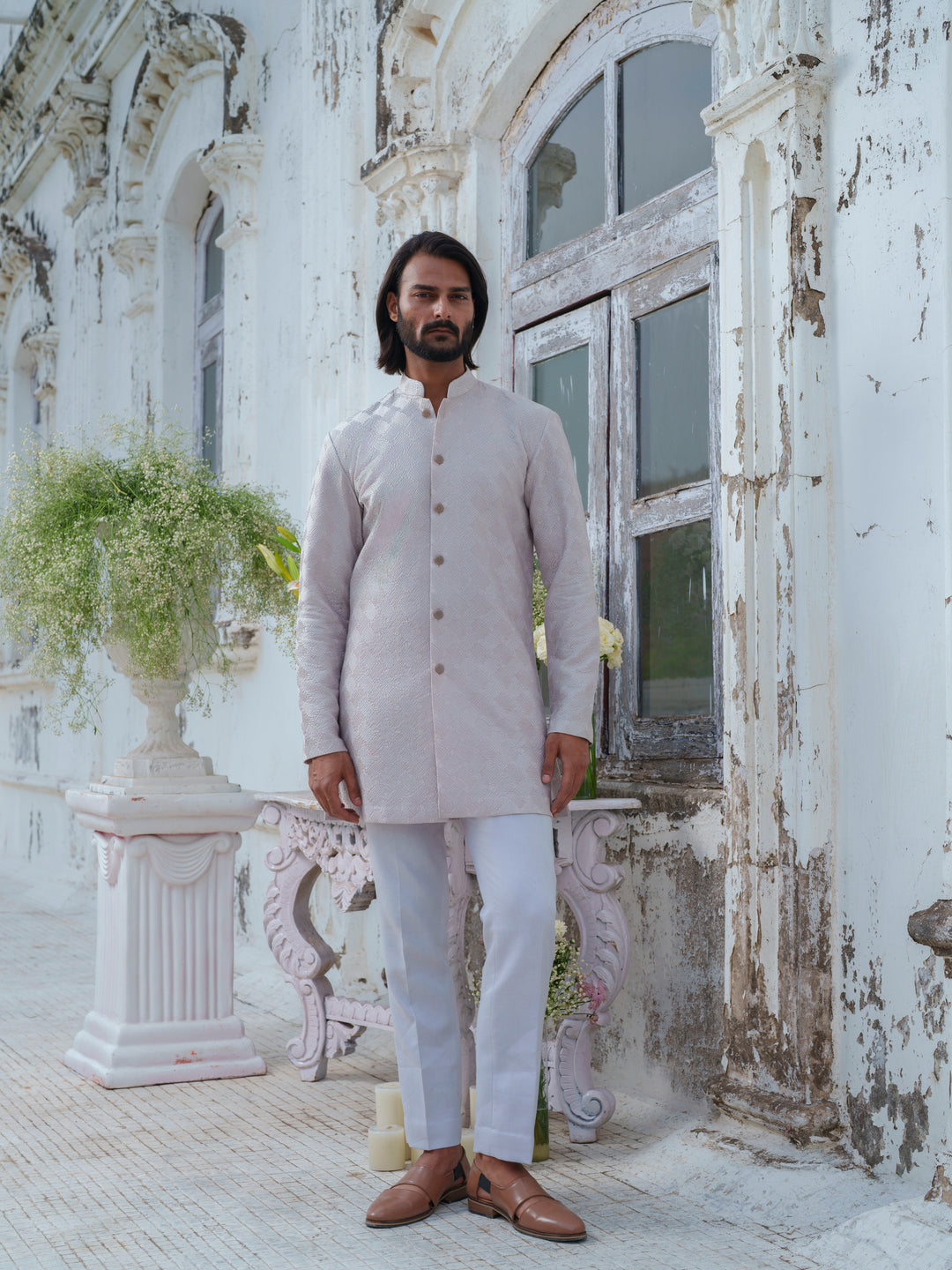 Grey Self Textured Kurta Set