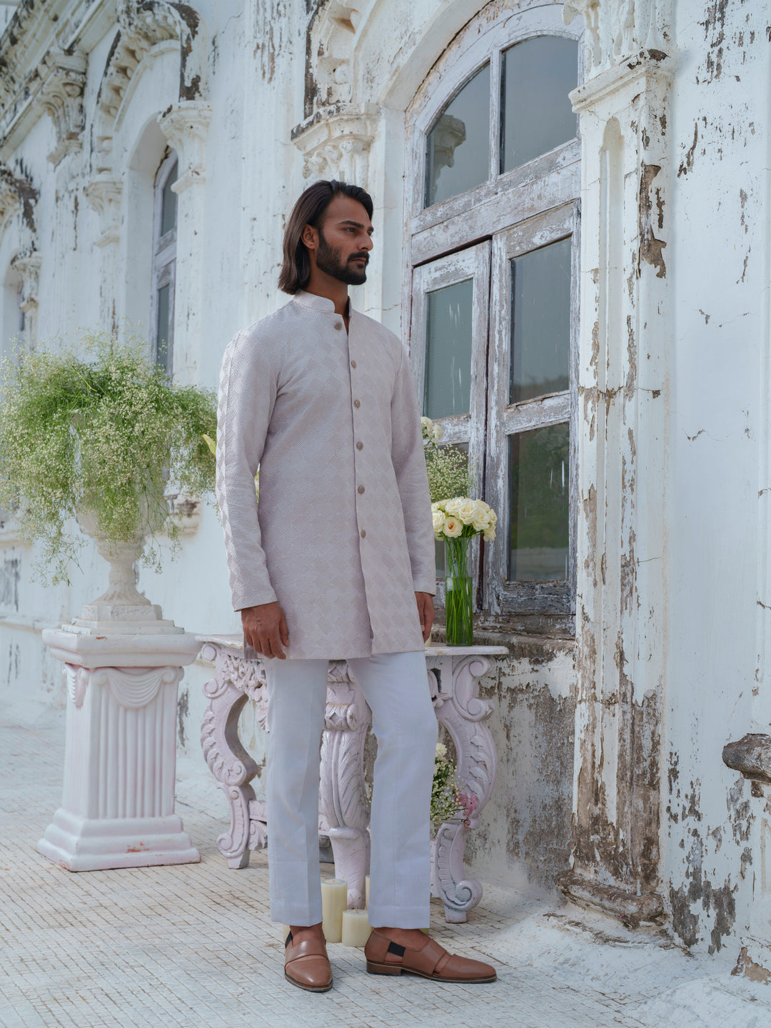 Grey Self Textured Kurta Set