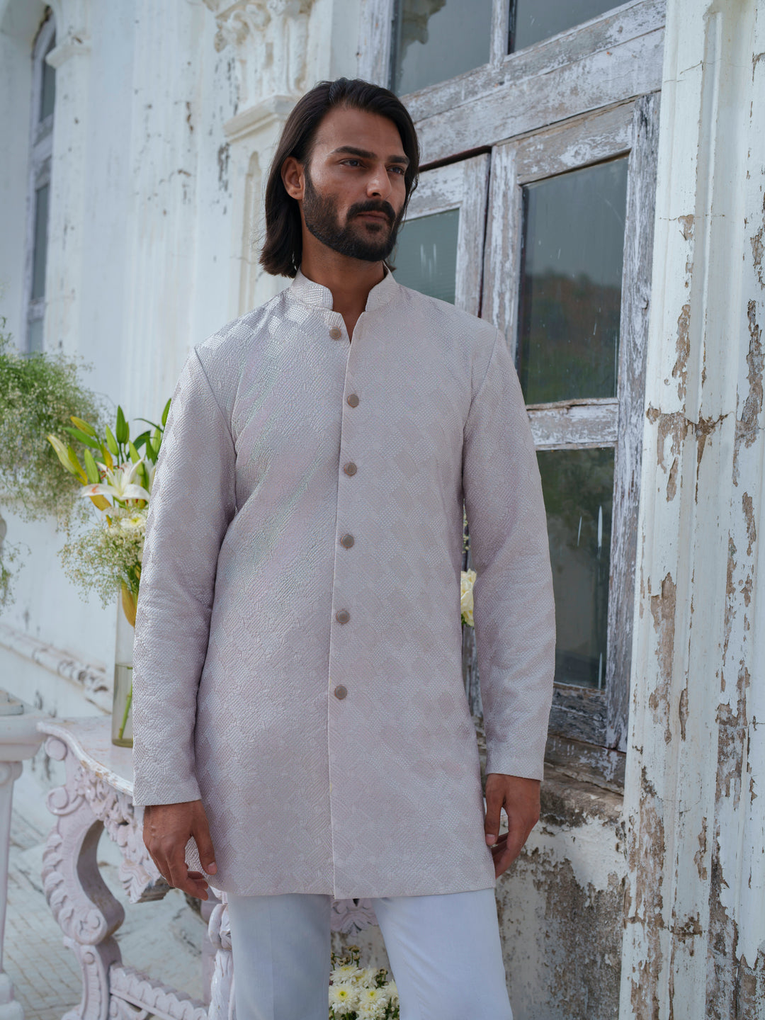 Grey Self Textured Kurta Set