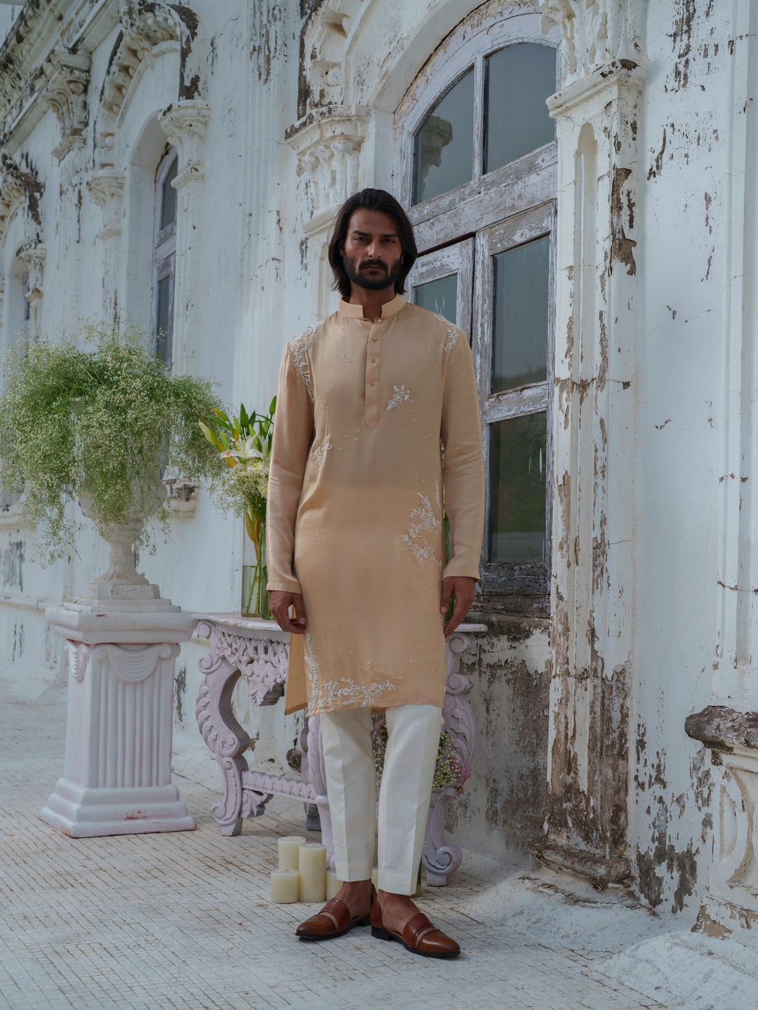 Beige Gold Beads Embroidered Kurta Set