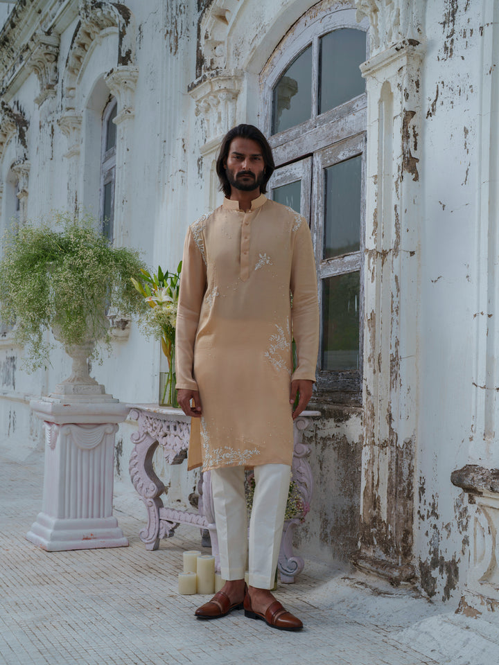 Beige Gold Beads Embroidered Kurta Set