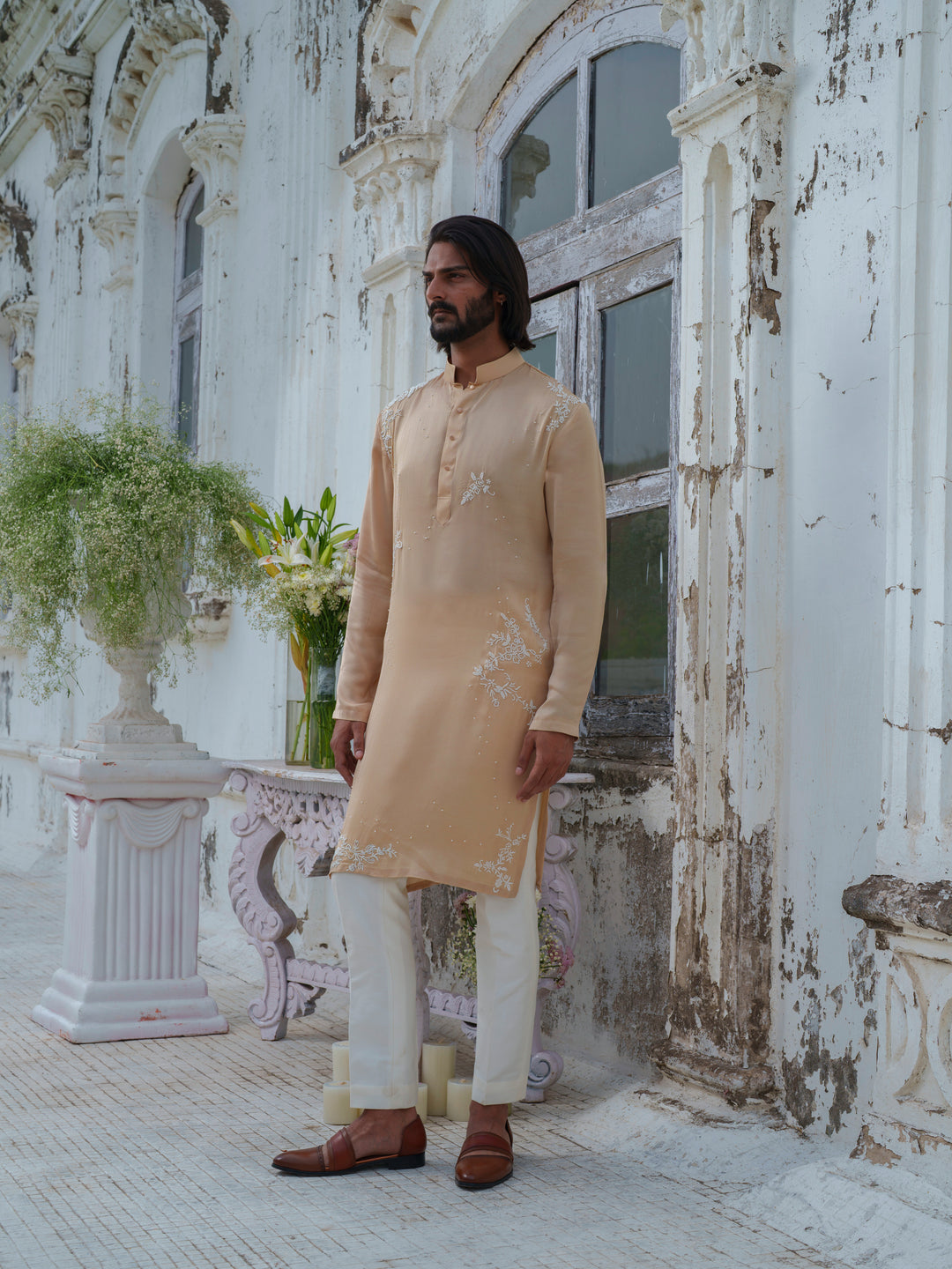 Beige Gold Beads Embroidered Kurta Set