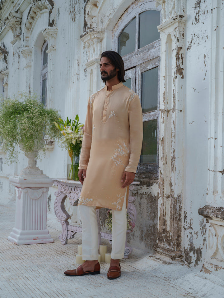 Beige Gold Beads Embroidered Kurta Set