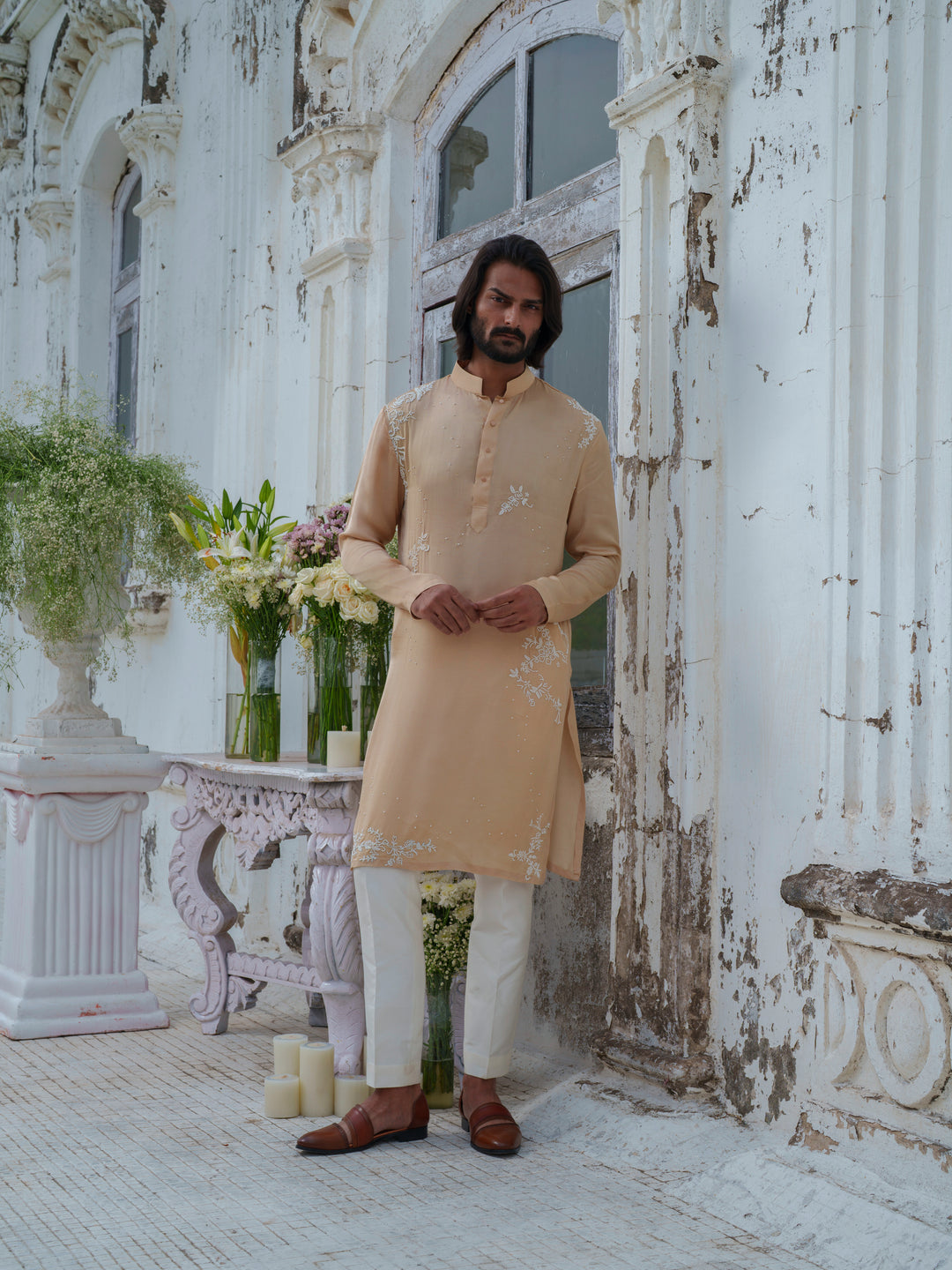 Beige Gold Beads Embroidered Kurta Set