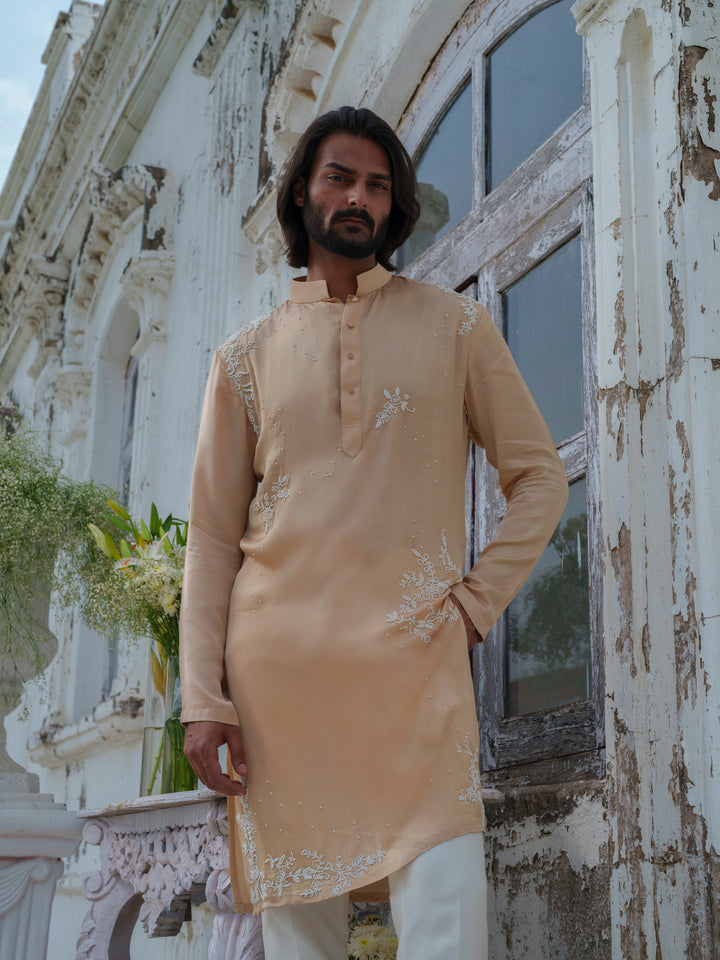 Beige Gold Beads Embroidered Kurta Set