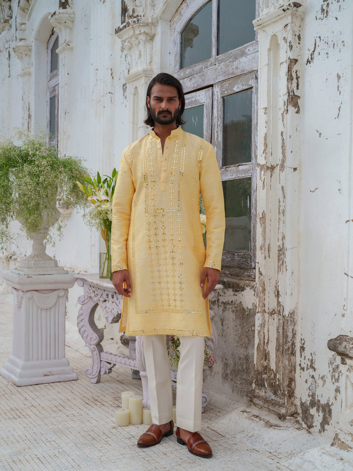 Yellow Mirorr Work Kurta Set With Stole