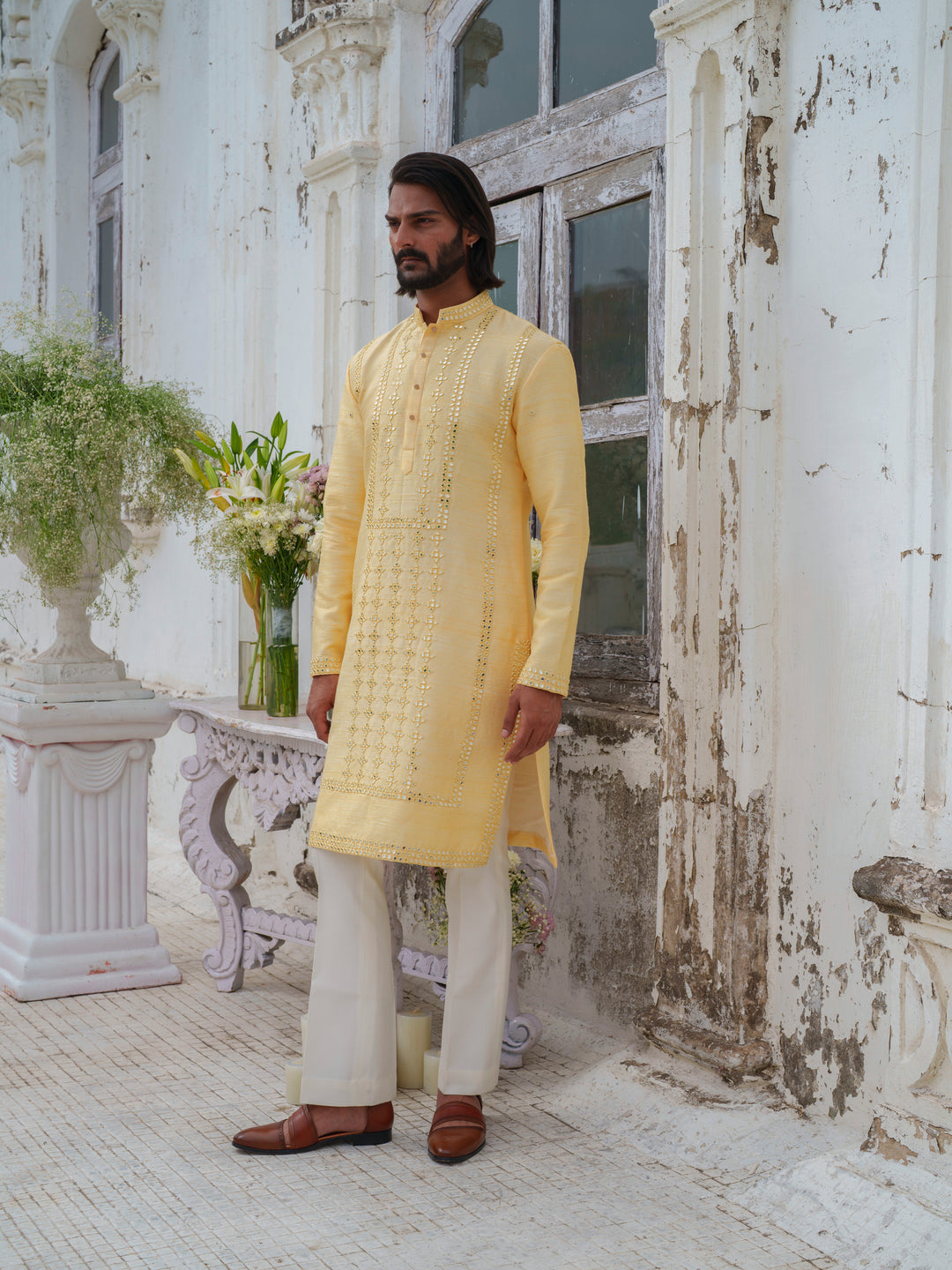 Yellow Mirorr Work Kurta Set With Stole