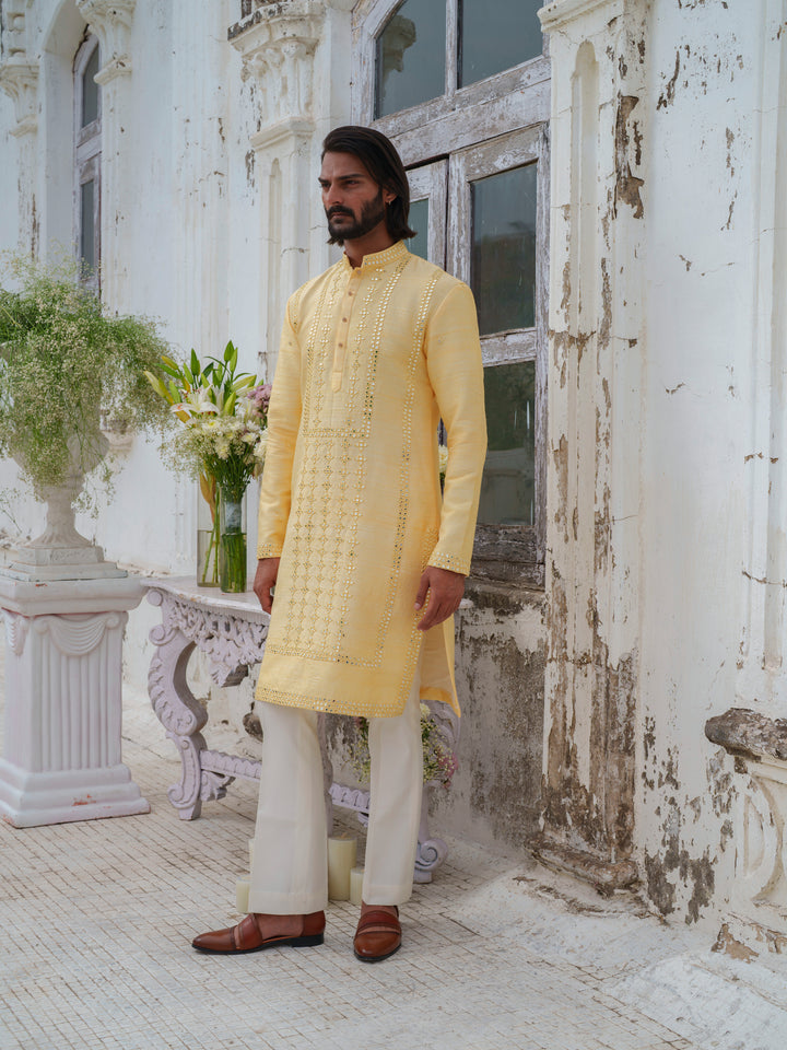 Yellow Mirorr Work Kurta Set With Stole