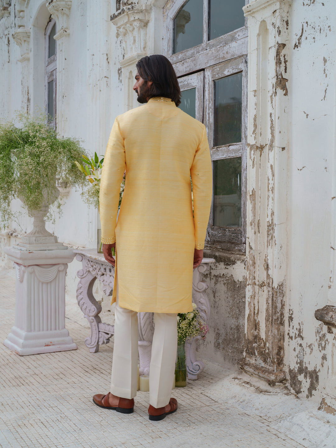 Yellow Mirorr Work Kurta Set With Stole