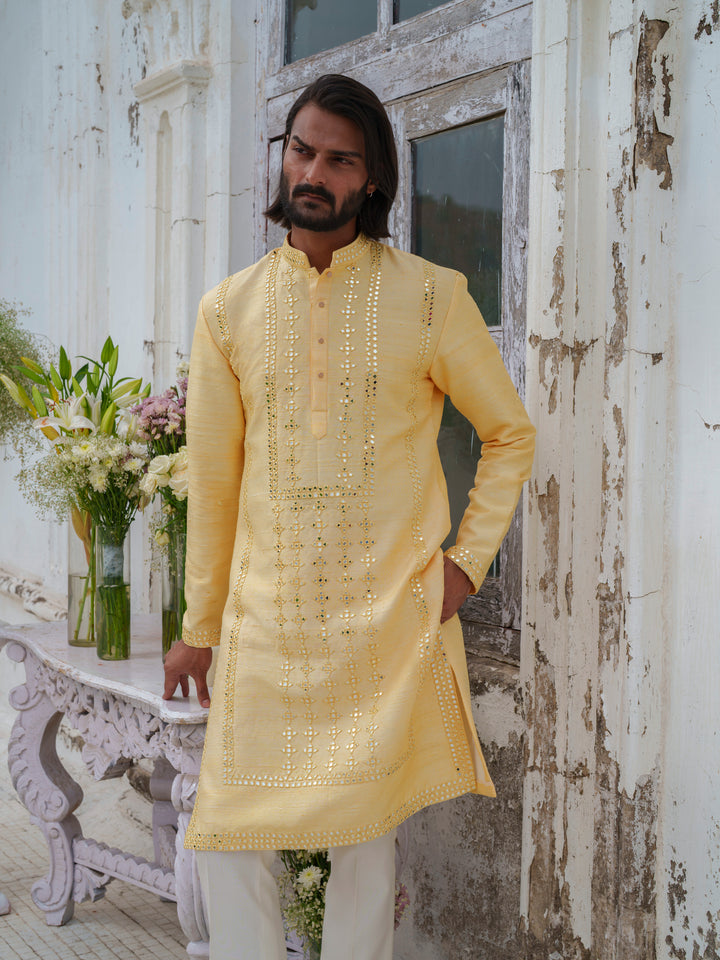 Yellow Mirorr Work Kurta Set With Stole