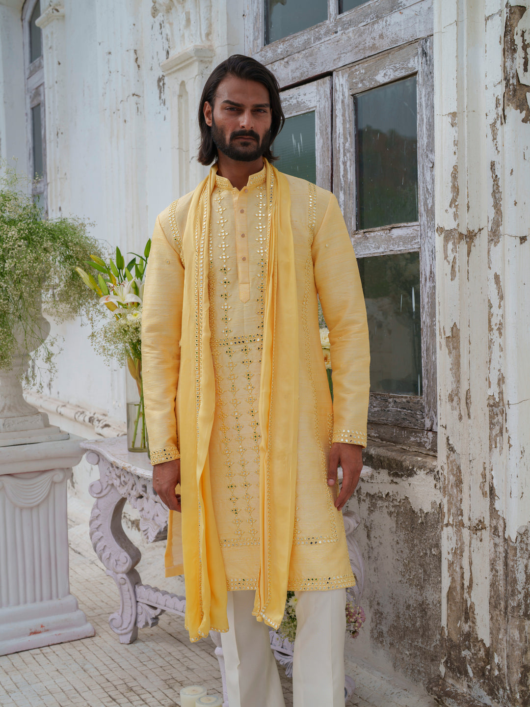 Yellow Mirorr Work Kurta Set With Stole