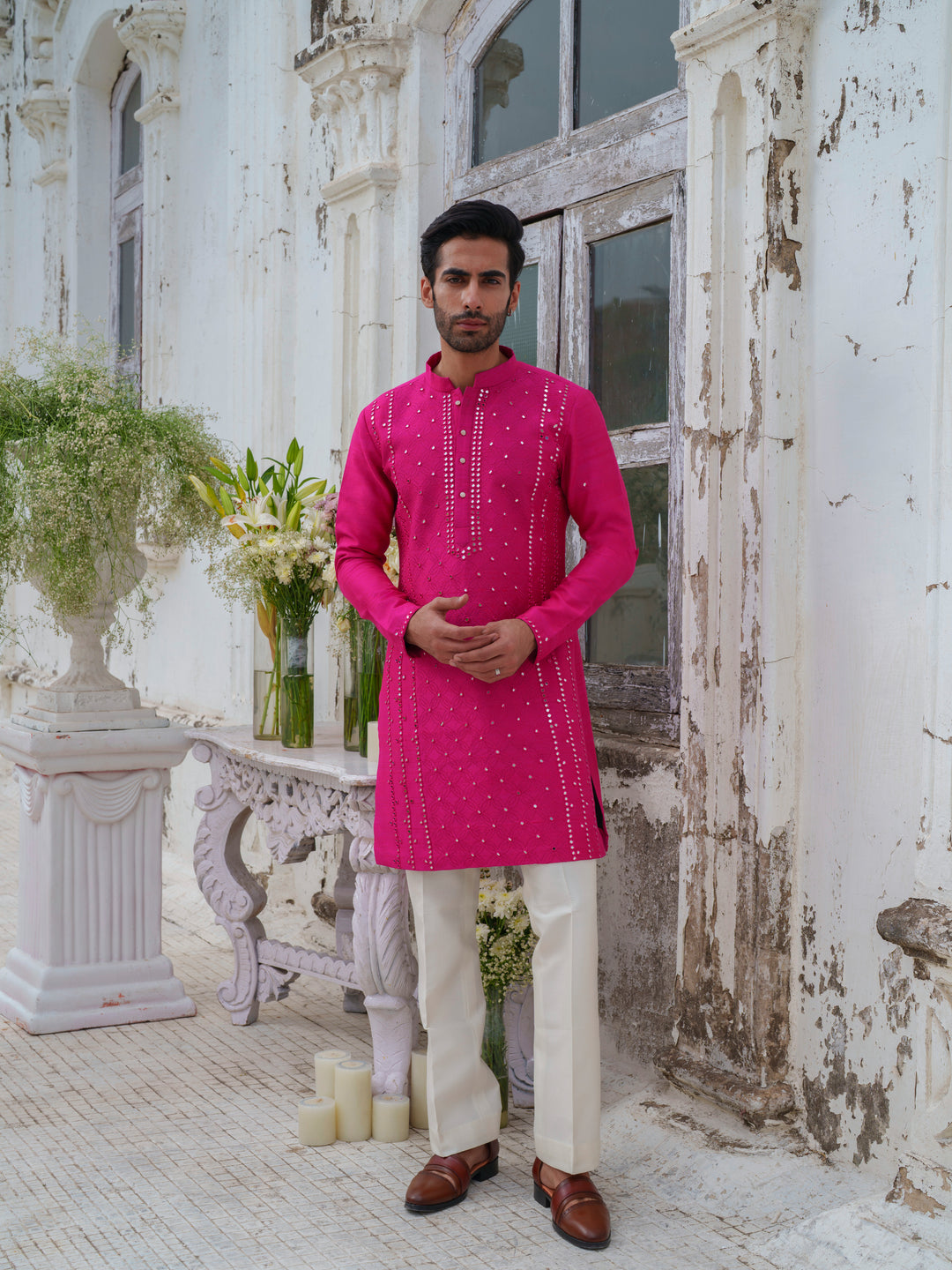 Hot Pink Mirorr Work Kurta Set With Stole