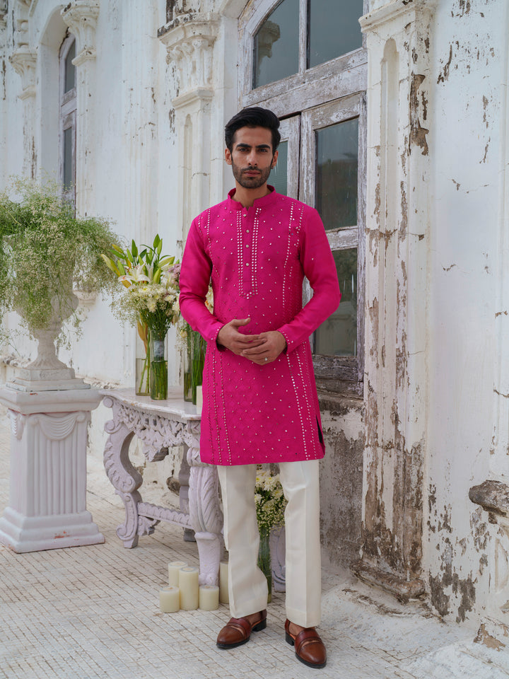Hot Pink Mirorr Work Kurta Set With Stole