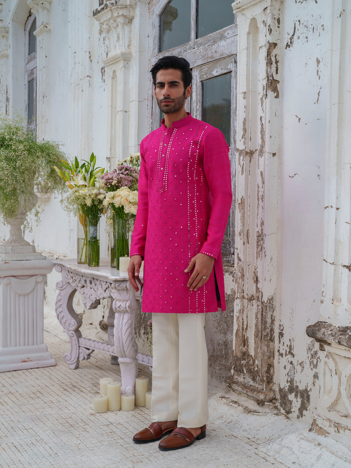 Hot Pink Mirorr Work Kurta Set With Stole