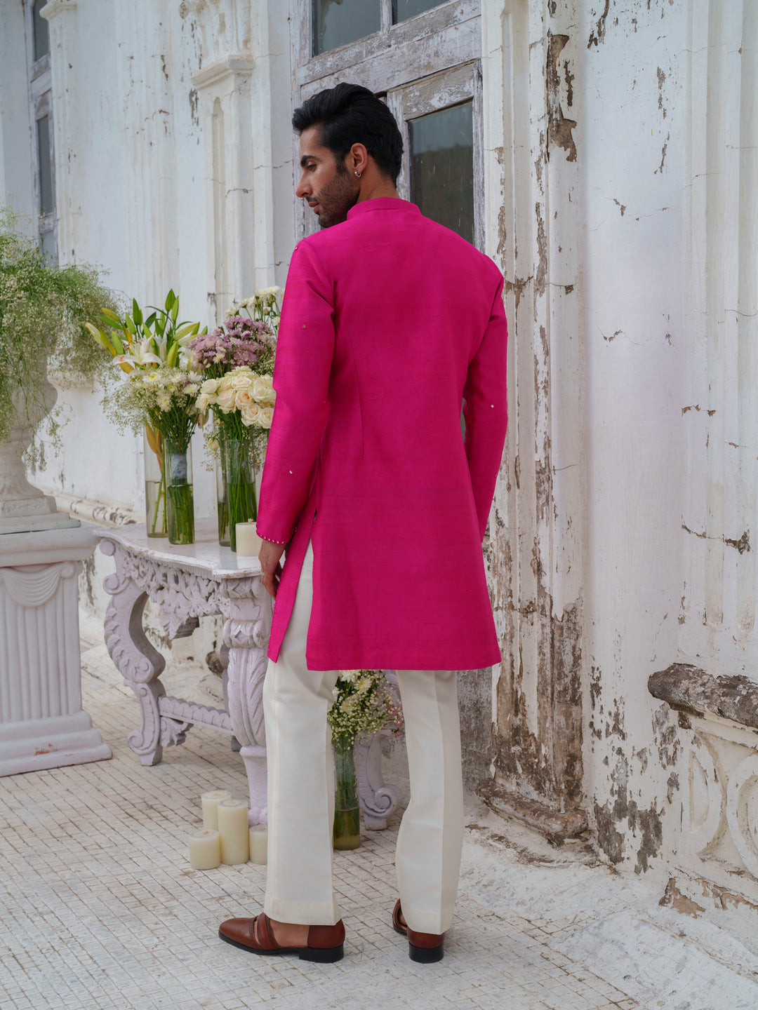 Hot Pink Mirorr Work Kurta Set With Stole